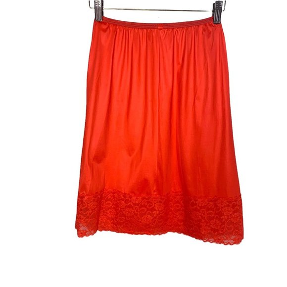 Vintage 60s Red Lace Tricot Nylon Above Knee Slip Small
